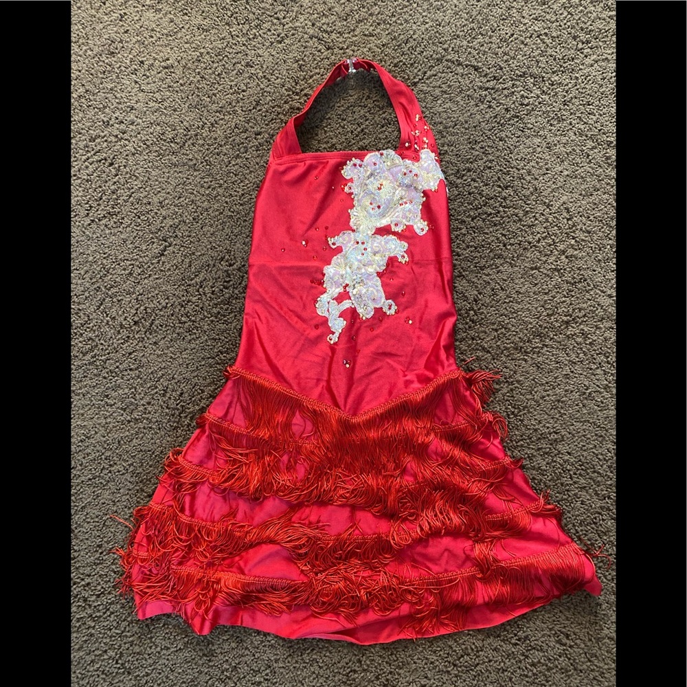 Cherry red halter costumes with fringed skirt & silver appliqué. 💃🏻